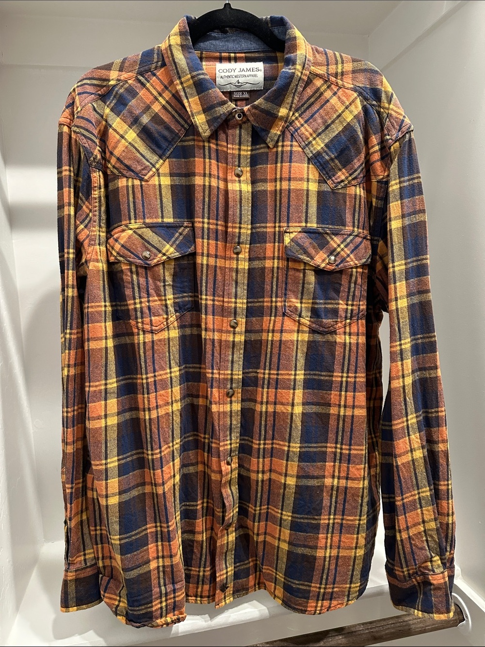 Cody James Orange & Navy Plaid Flannel Long-Sleeve Button-Down Shirt